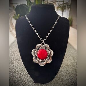 Vintage-inspired western red Concho flower necklace with red crystal accents